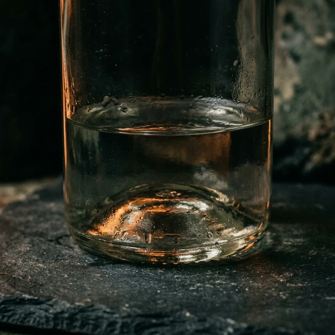 Macro de la base de la botella con el mezcal captando luz ámbar.