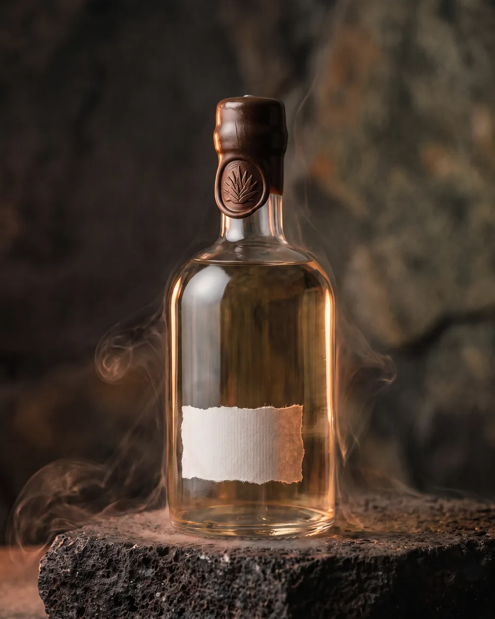 Botella de mezcal Ensamble sobre superficie volcánica oscura.
