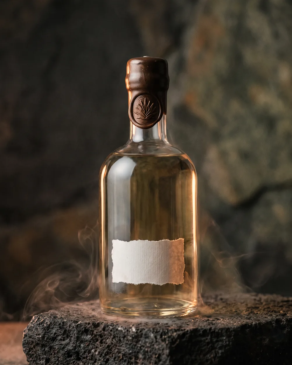 Espadín flagship — botella con etiqueta de papel y sello de cera en el cuello, sobre piedra volcánica entre humo.