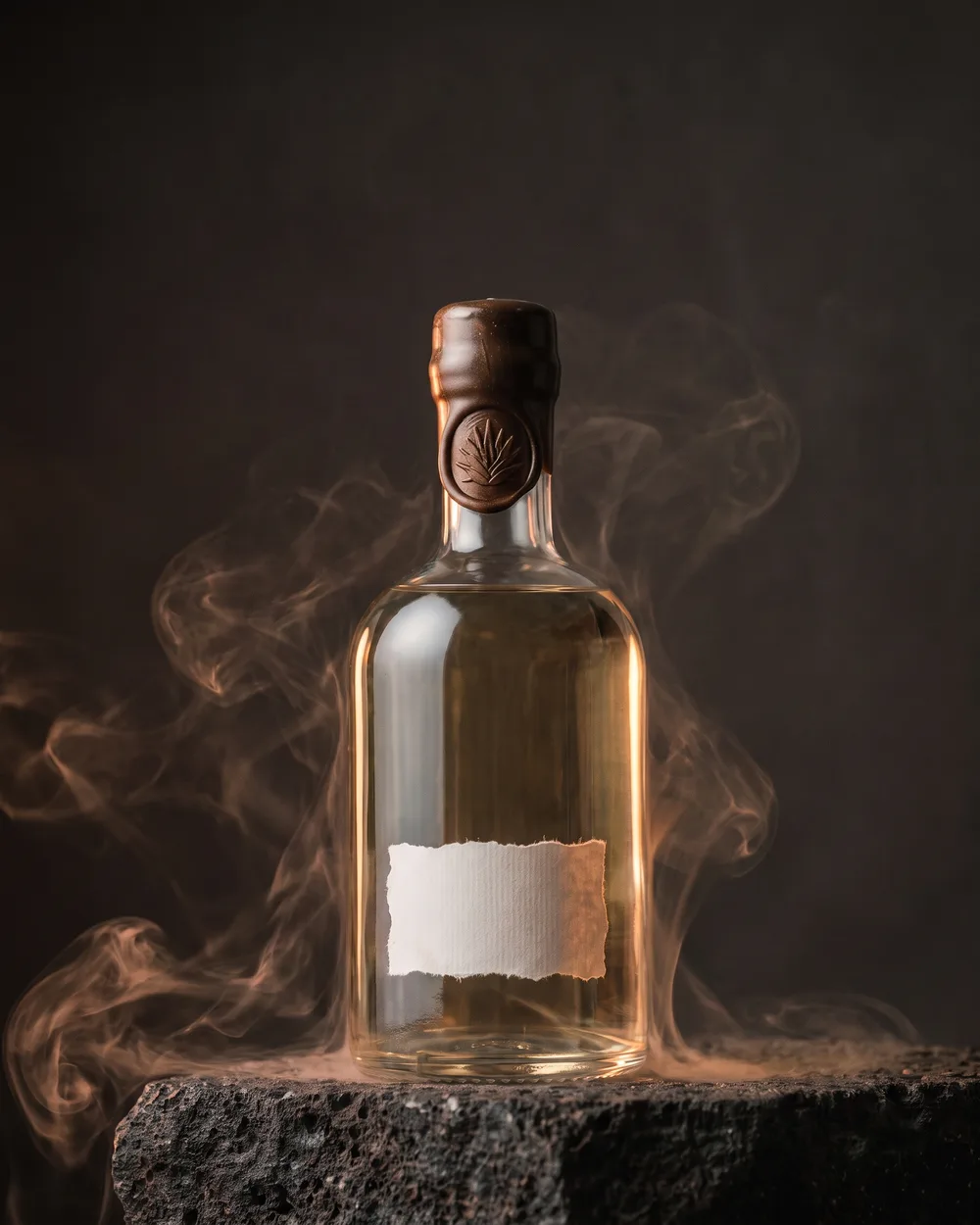 Botella de mezcal Espadín sobre piedra volcánica, luz cálida.