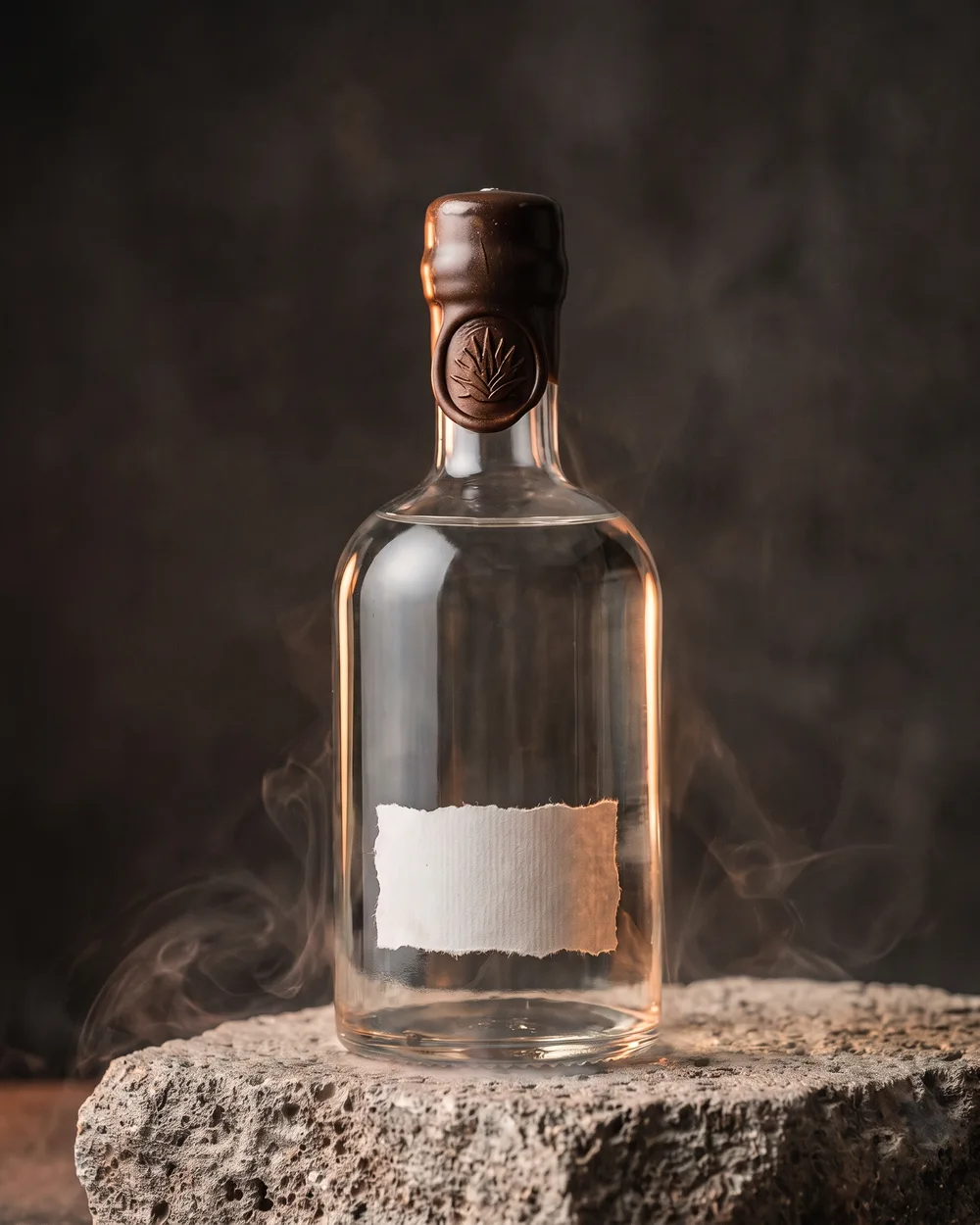 Botella de mezcal Tobalá sobre piedra gris hueso, luz tenue.