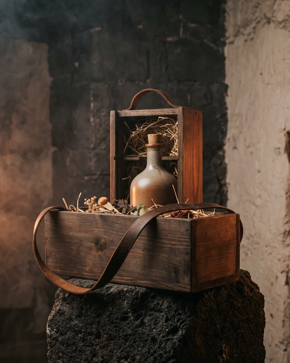 Caja de regalo de mezcal con botella sobre piedra volcánica, luz cálida y sobria.