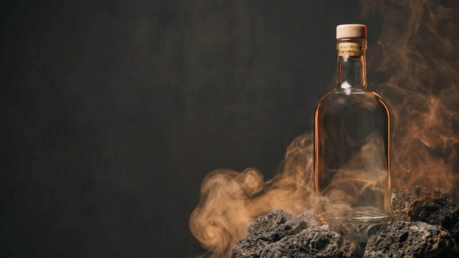 Botella de mezcal artesanal sobre piedra volcánica entre humo cálido que se asienta.