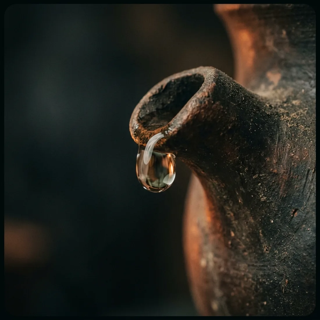 Macro de una gota de destilado en la boca de la olla.