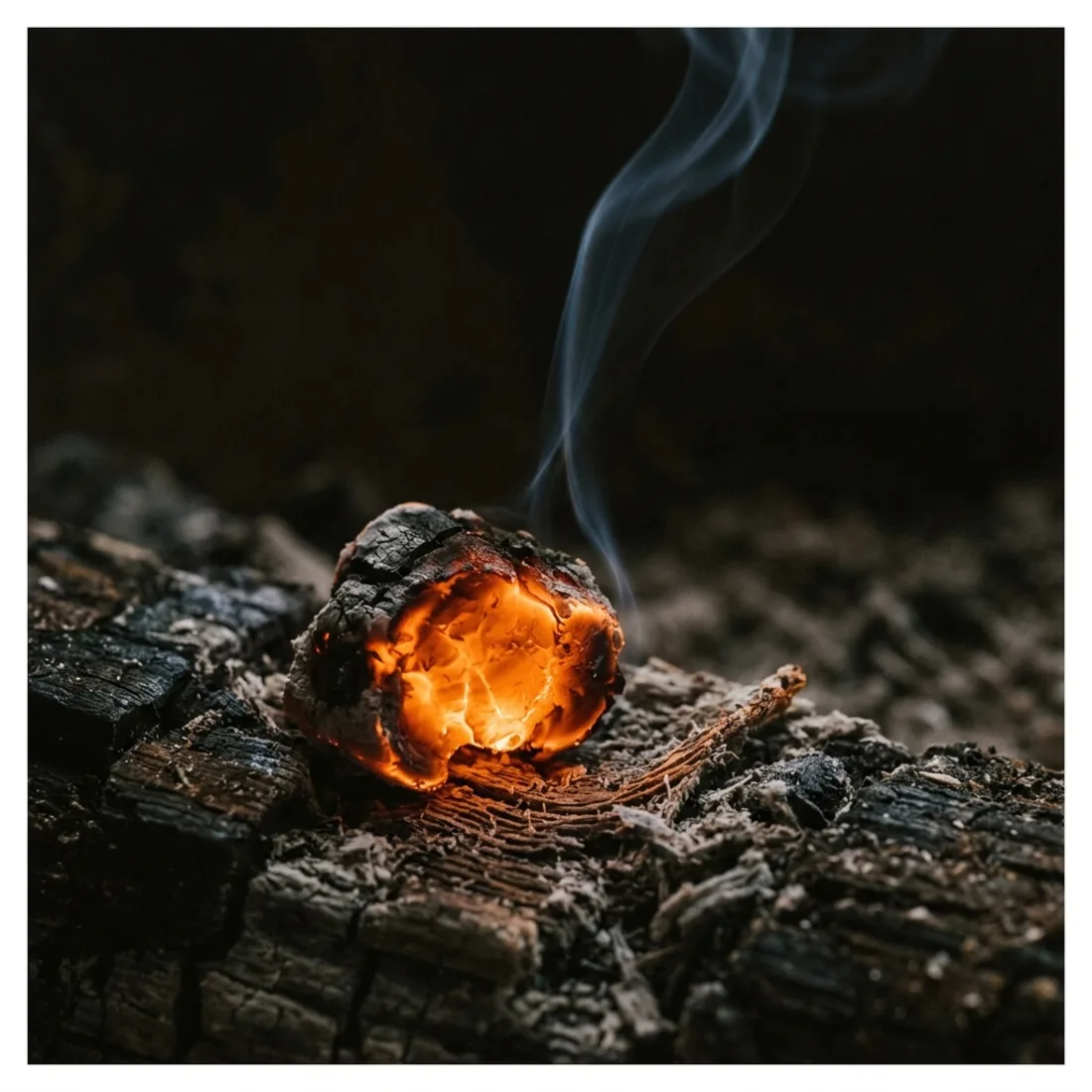 Macro de brasa encendida y un hilo de humo.