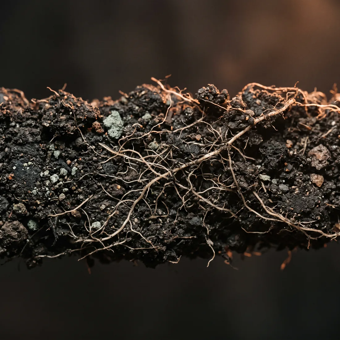 Macro de tierra volcánica oscura con raicillas pálidas de agave y fragmentos minerales.