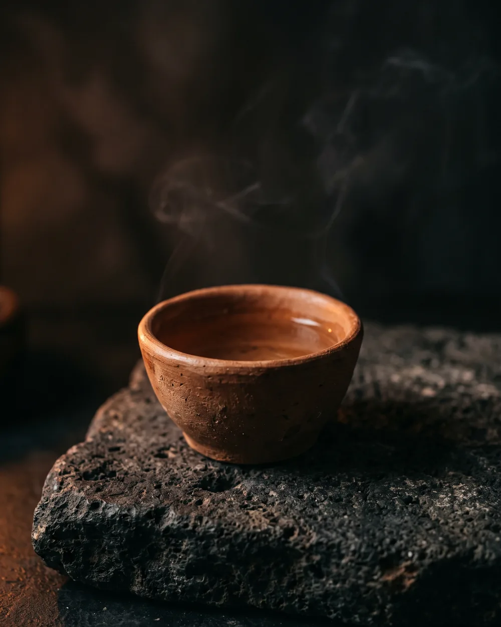 Copita de barro con una pequeña medida de mezcal sobre piedra volcánica.