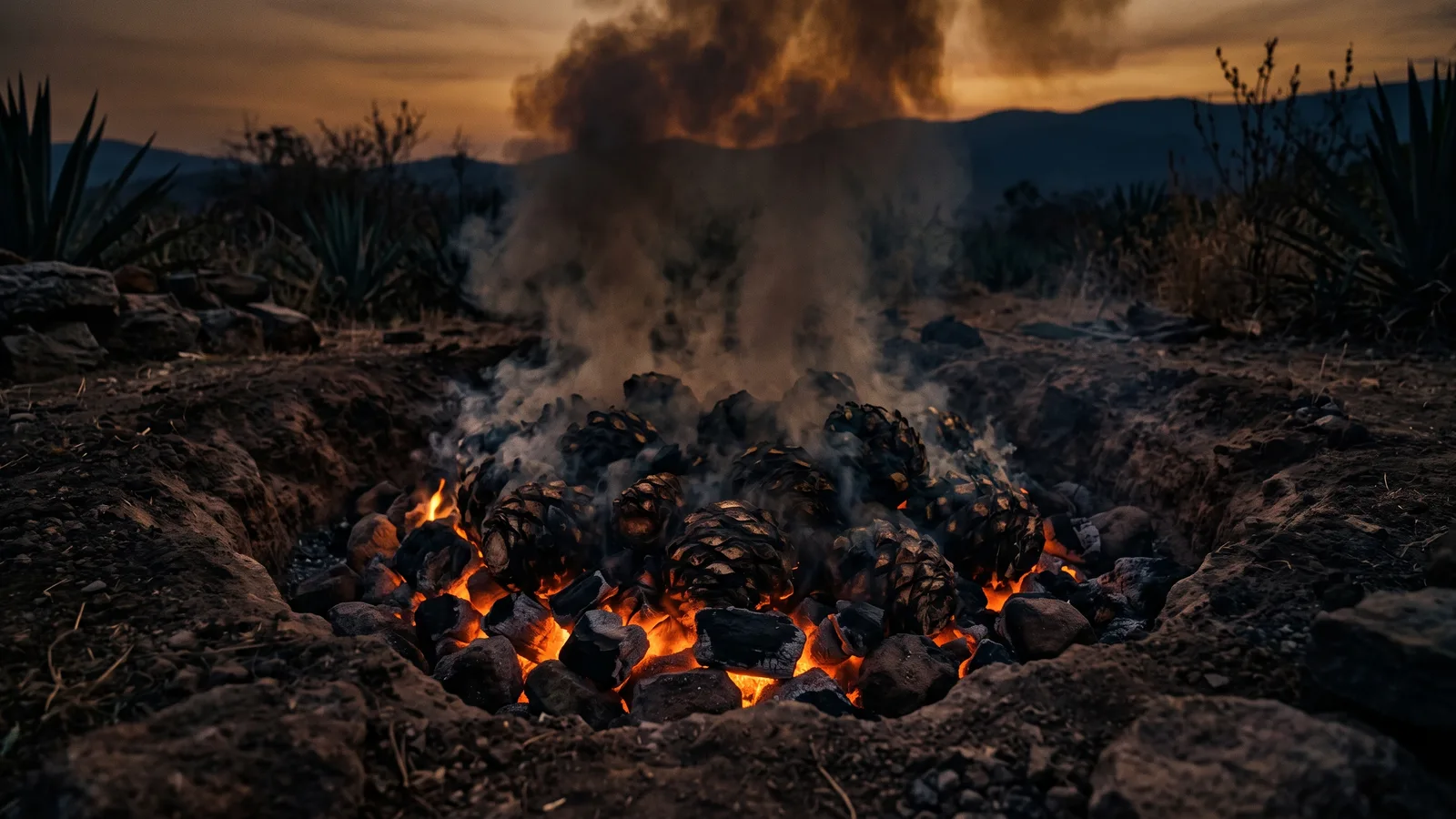 Horno de tierra con humo sobre piedras calientes.