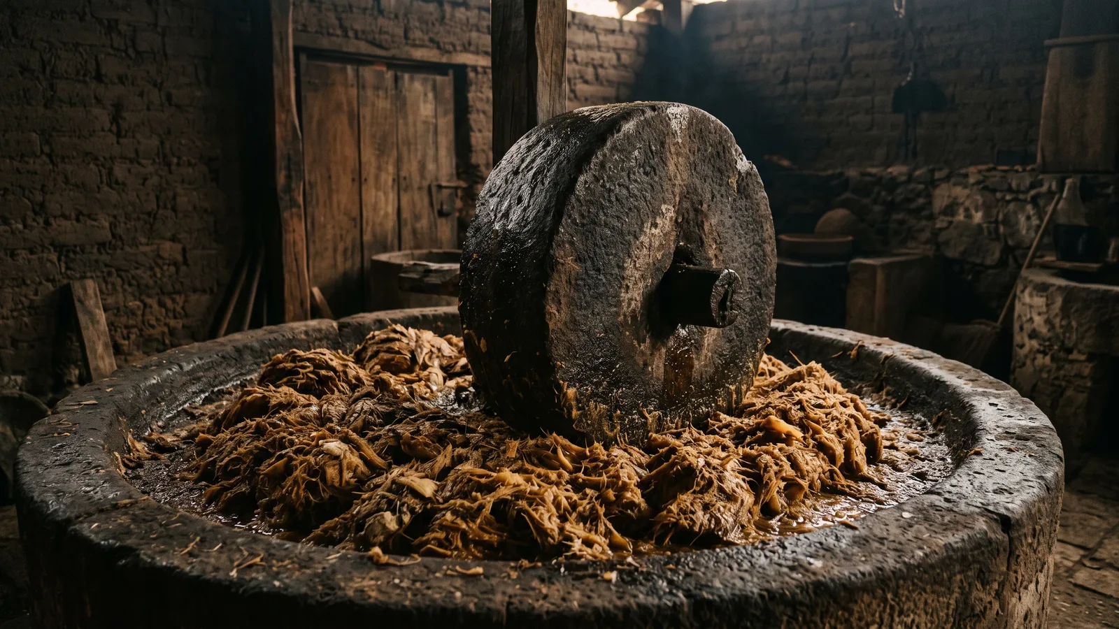 Rueda de piedra tahona triturando agave cocido.