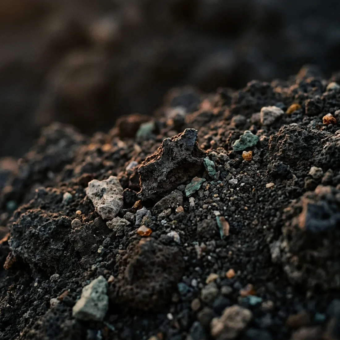 Macro de suelo volcánico oscuro y fragmentos minerales.